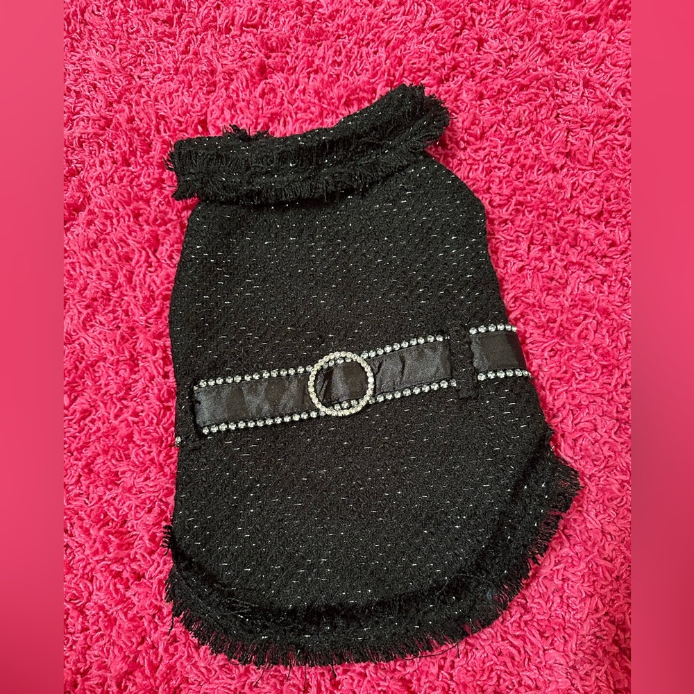 Dressy coat for a small female dog. Lightweight woven material, fancy belt.